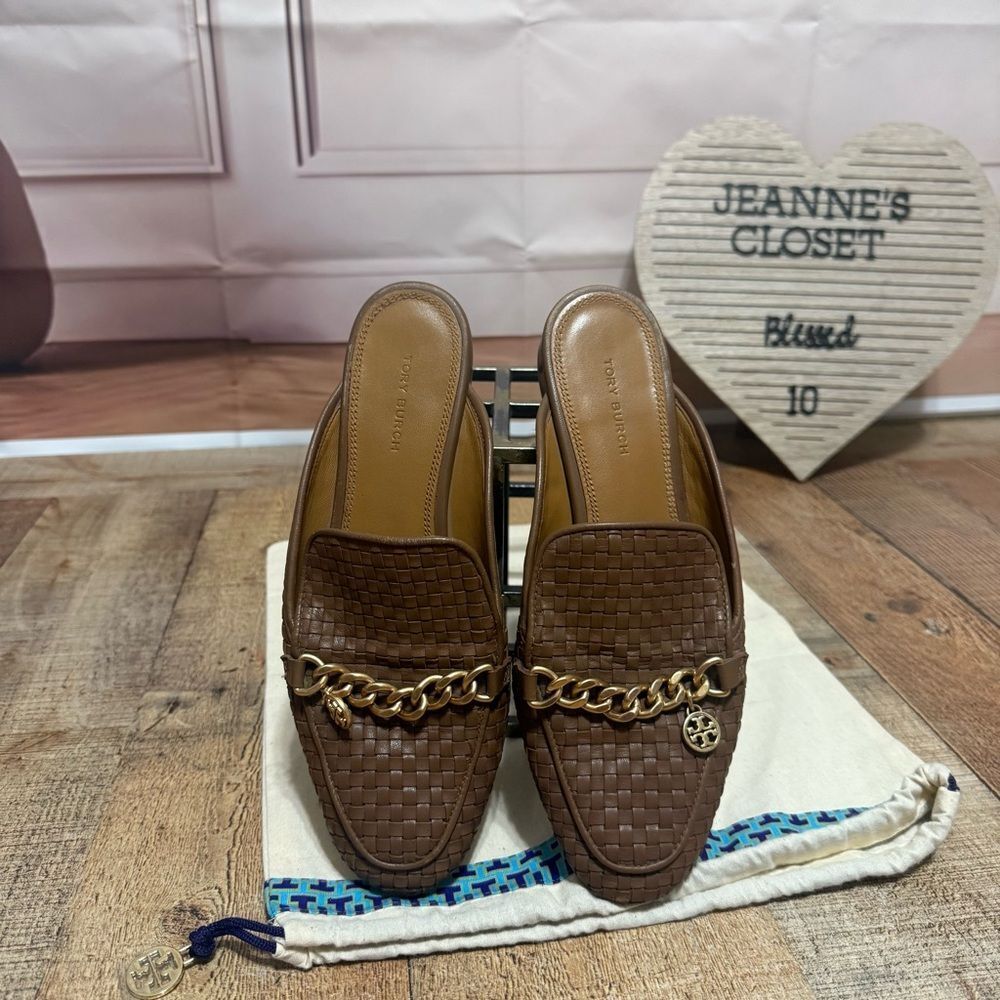 TORY BURCH MINI BENTON WOVEN LEATHER LOAFER IN MOOSE SLIDES MULES SIZE 6.5